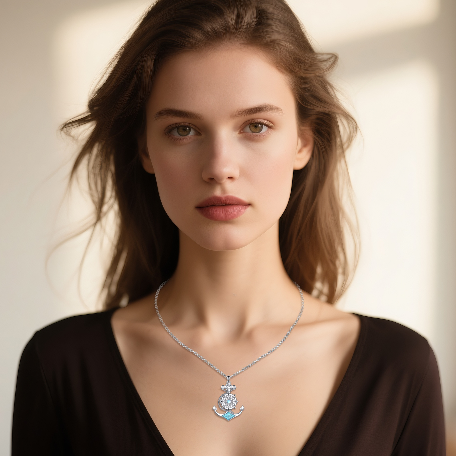 Women's 925 Sterling Silver Synthetic Turquoise Anchor Necklace